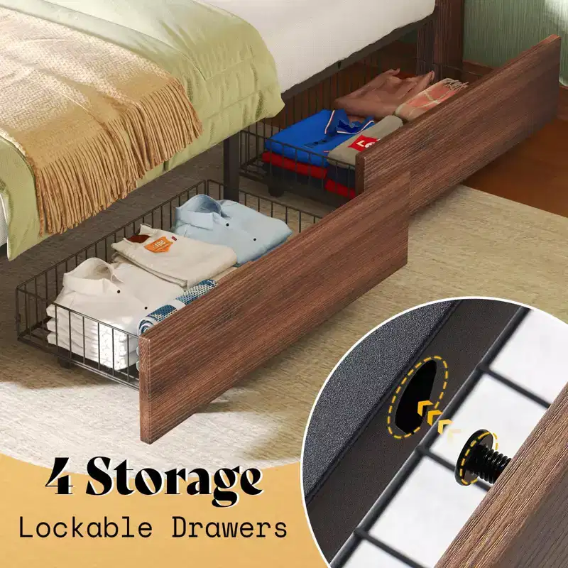 AMERLIFE Farmhouse Bed Frame with 4 Drawers and Headboard