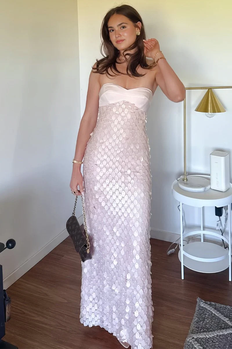 Pink - Sheath Strapless Long Prom Dresses with Sequins