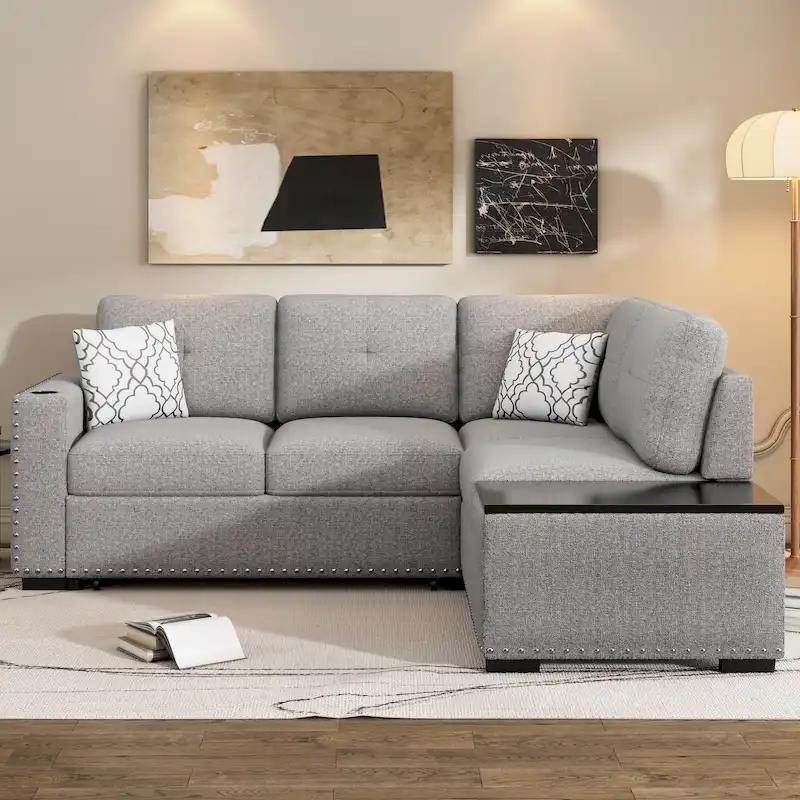 83.8  L-Shaped 4-Seat Sectional Sofa with Pull-Out Bed, Storage Chaise, USB Ports, Power Sockets, and Cup Holders