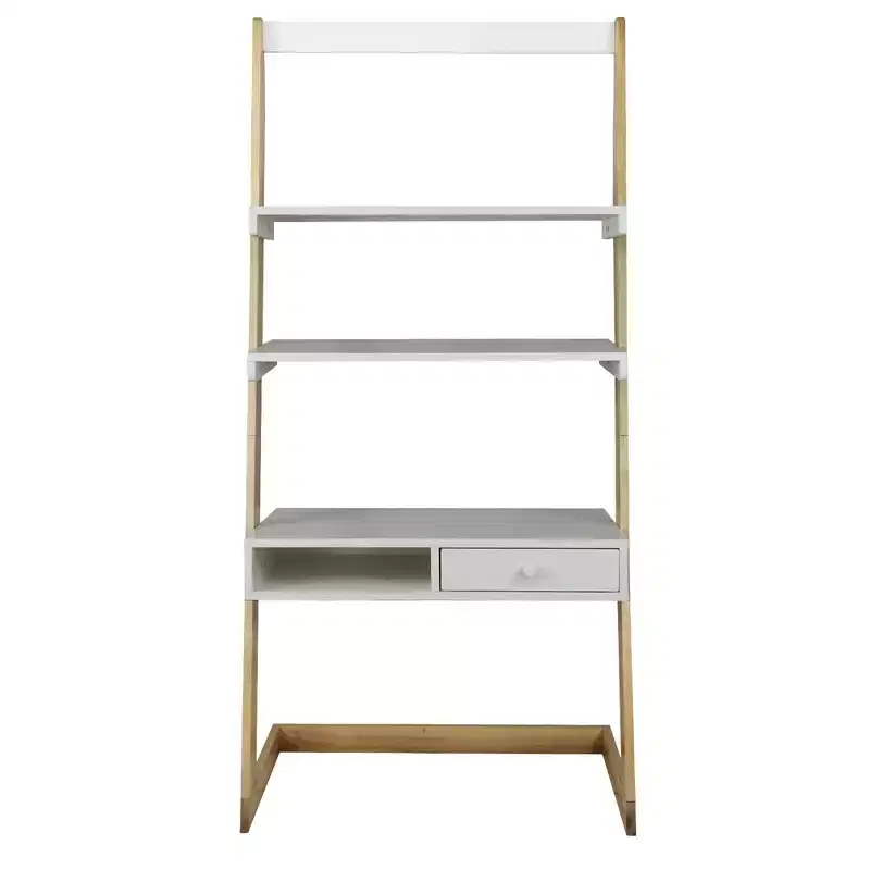 Freestanding Ladder Desk with Drawer Solid American Maple Frame Natural/White - Flora Home: Modern Style, Fixed Shelves, Hardwood Construction
