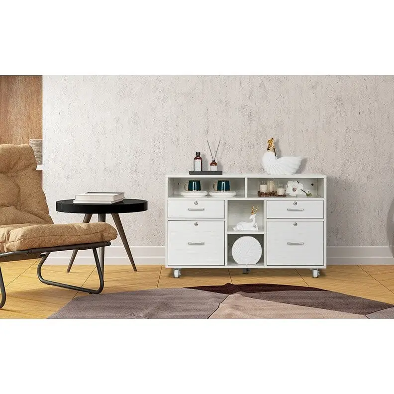 4-Drawer Mobile Wood File Cabinet with Shelves and Locking Wheels