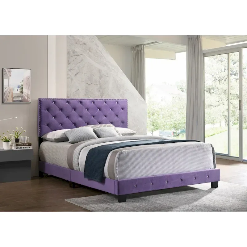 Purple Velvet Platform Bed with Nailhead Trim, Queen Size