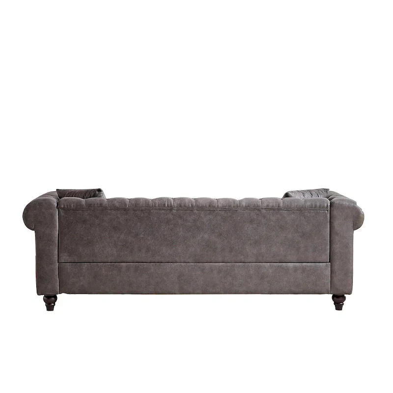 Gray Tufted Sofa with Rolled Arms - 3 Seater