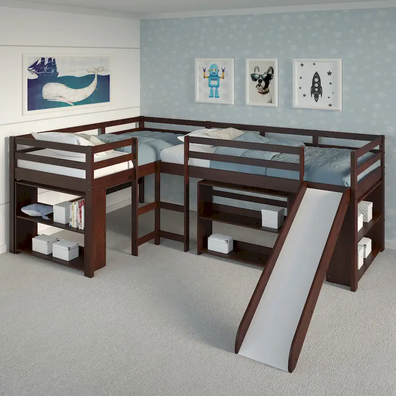 Double Twin L-Shaped Slide Loft Bedroom Set in Dark Cappuccino