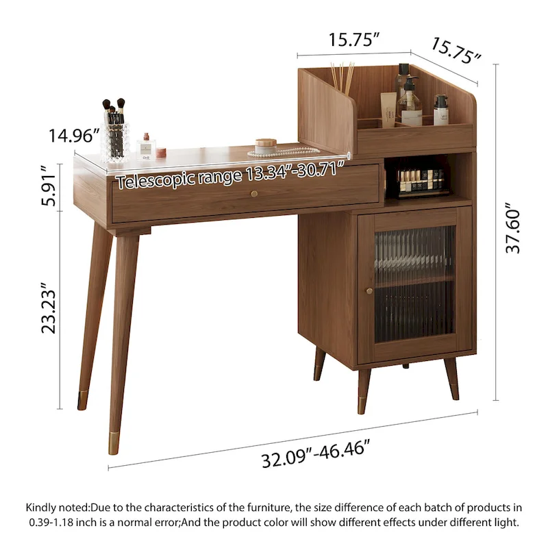 Black / Wood / Walnut Telescopic Makeup Vanity Dressing Table with Drawers & Side Cabinet