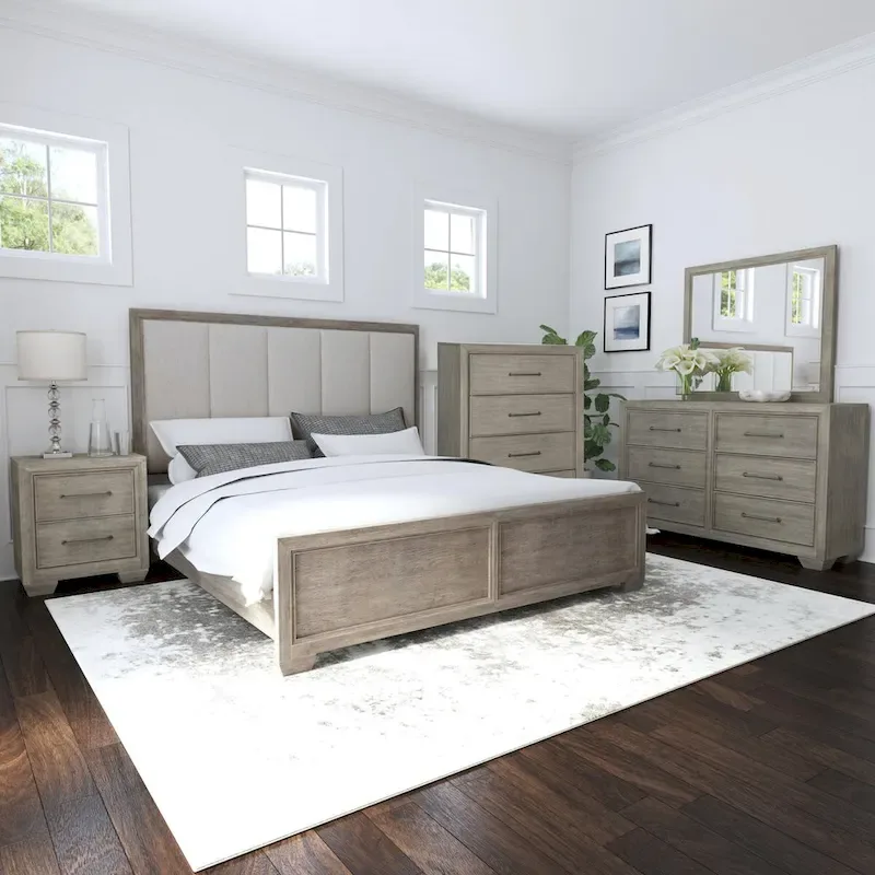 Roundhill Furniture Ennesley Gray Wood Bedroom Set with Upholstered Panel Bed, Dresser, Mirror, Nightstand, and Chest