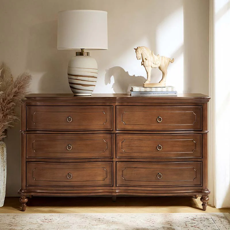 6-Drawer Dresser with Bowed Front, Gourd-Shaped Legs & Antique Bronze Pulls | Walnut | Single