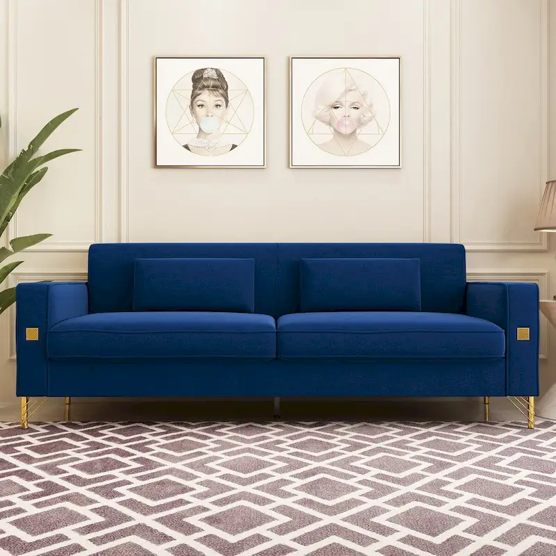 Blue / White / Green / Orange / Black Tufted Velvet Loveseat with Gold Legs & Lumbar Pillows, 2-Person