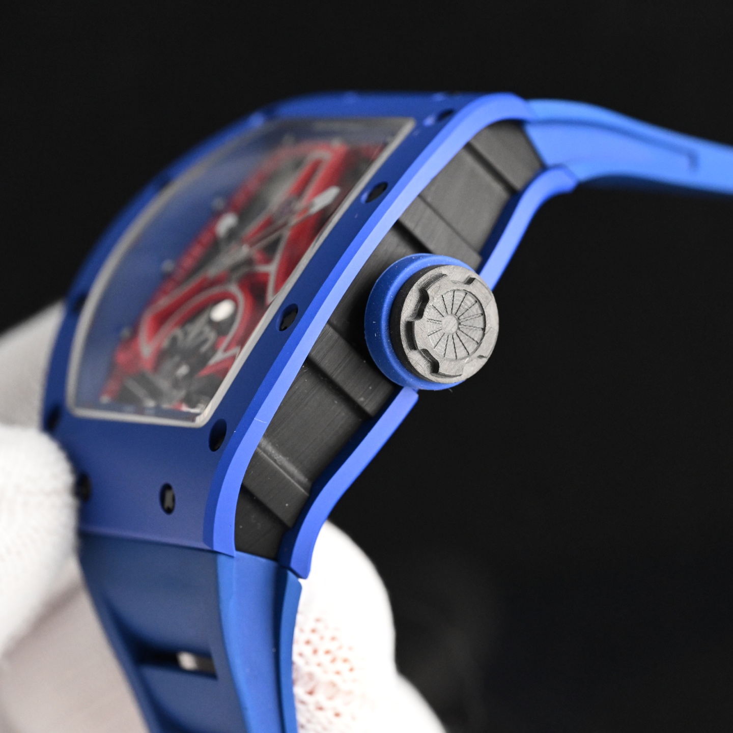 Blue Richard Mille replica case side profile with crown and curved tonneau case