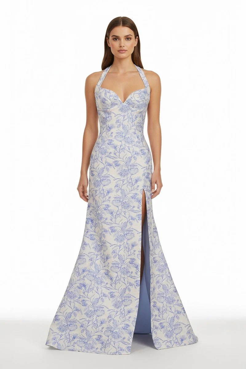 Sky Blue Halter Floral Jacquard Mermaid Long Formal Prom Dresses With Slit