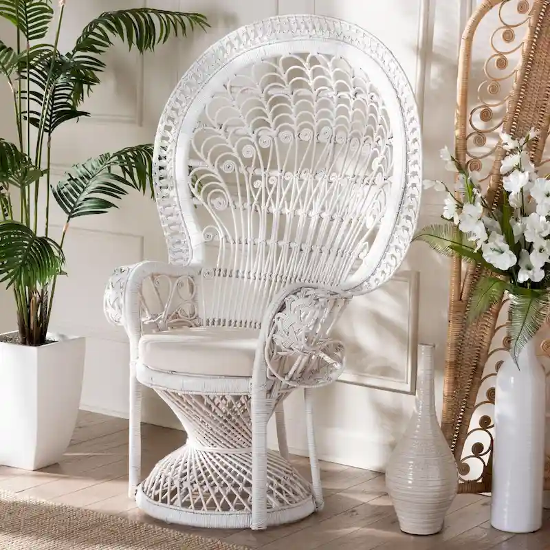 Kallima Modern Bohemian White Natural Rattan Peacock Chair