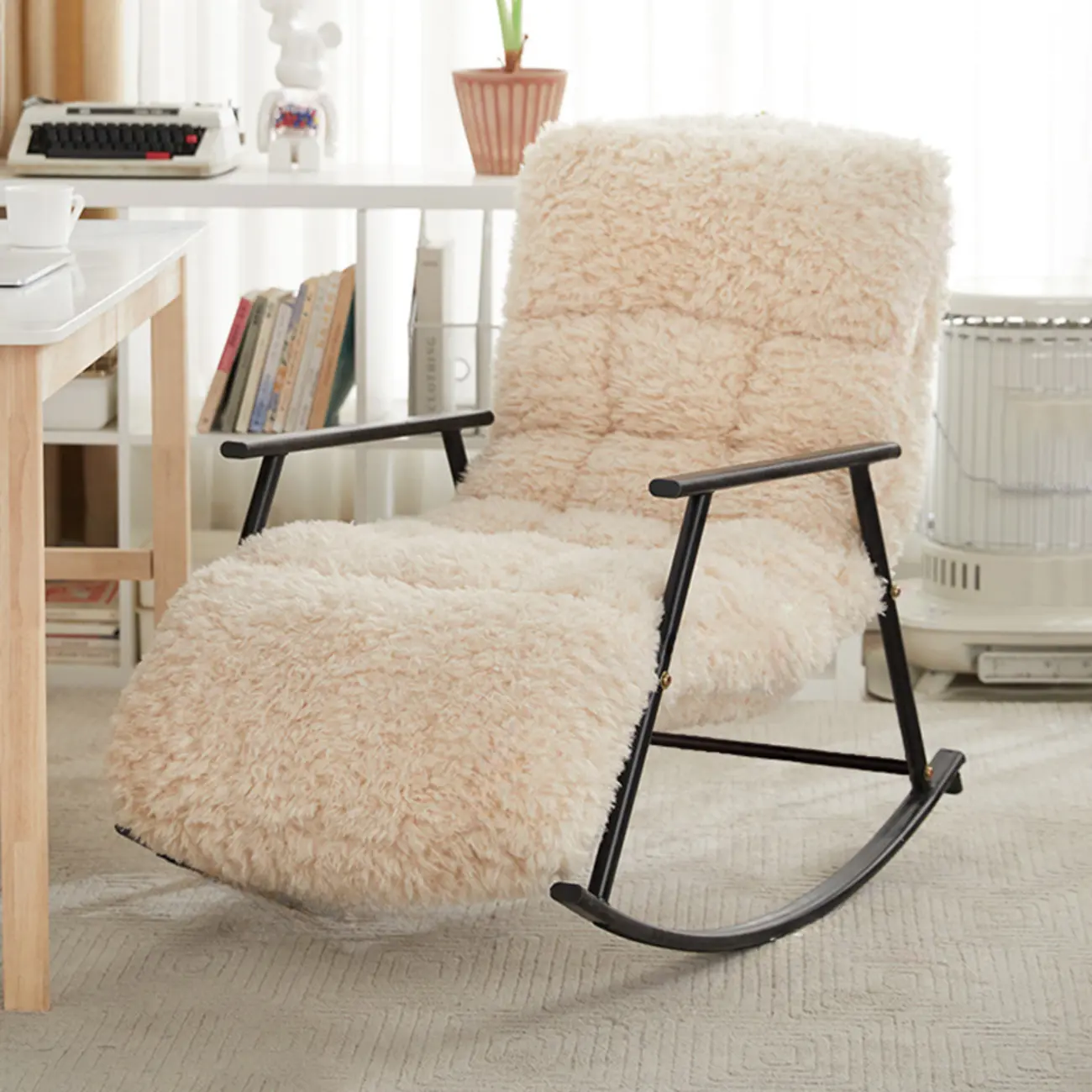 Modern Cotton Upholstered Metal Rocking Chair in White