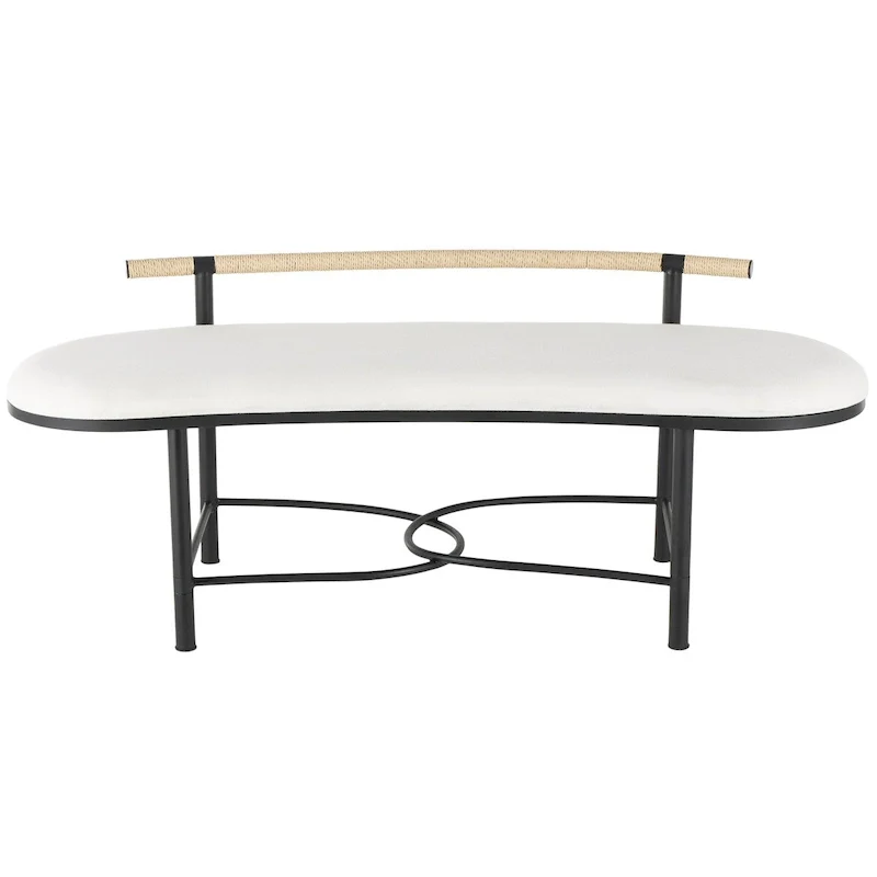 White Upholstered Oval Bench with Black Metal Frame & Rope Backrest – Seats 3