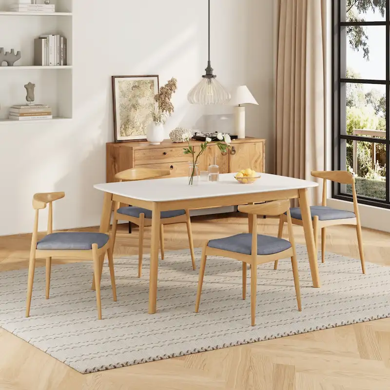 5 Piece Dining Set Wood Kitchen Set with Rectangular Dining Table and 4 Upholstered Chairs for Home Apartment