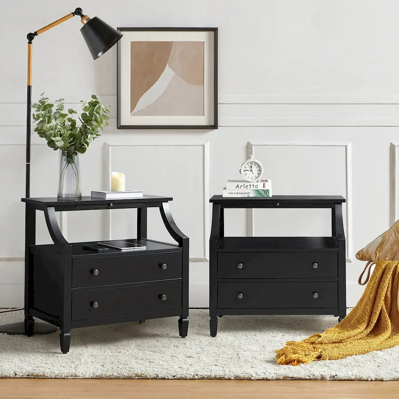 2-Drawer Nightstand with Built-In Outlets and Pull-Out Tray