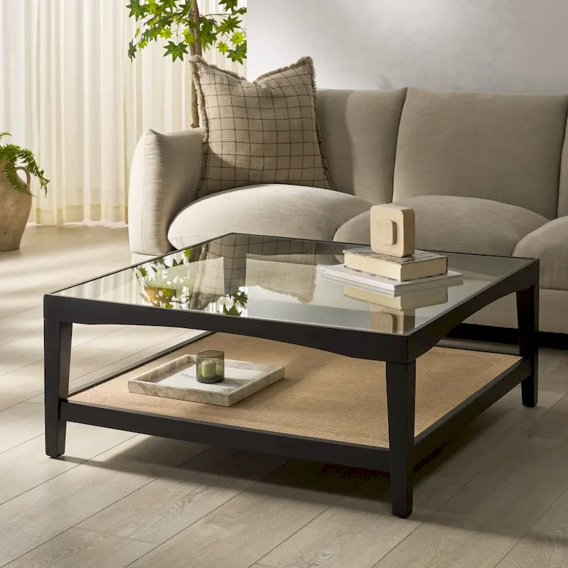 Square Glass Coffee Table with Elm Wood Frame & Linen-Lined Shelf – 40Wx40Dx17H