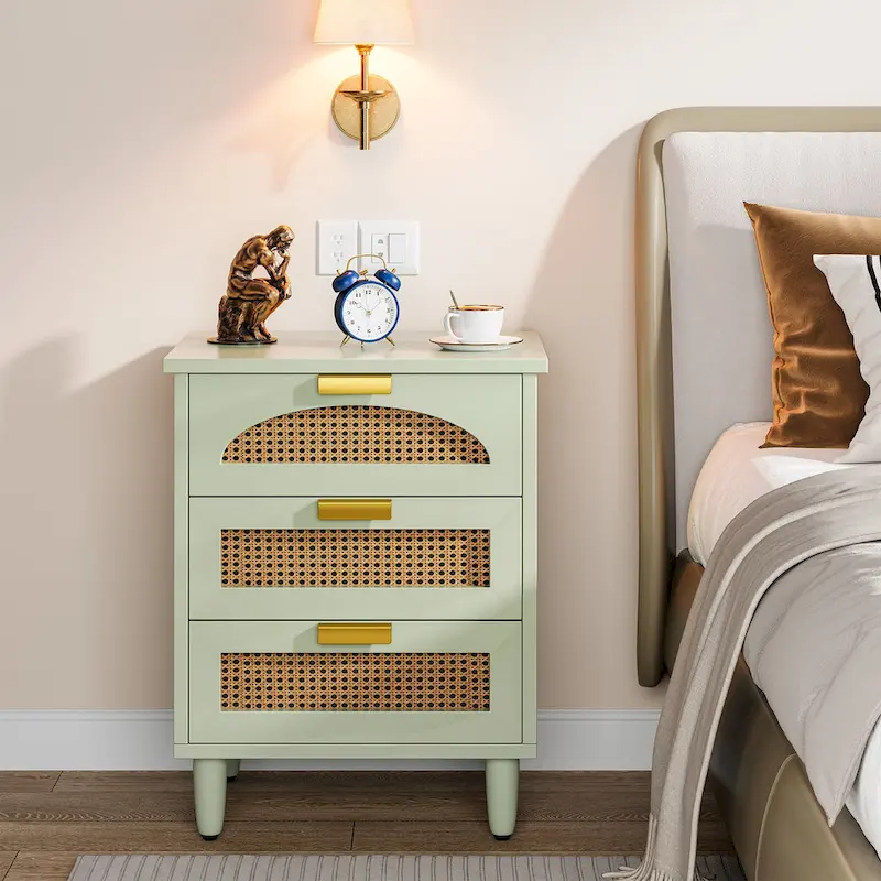 Wood/ Rattan Nightstand Bedside Table with 3-drawer