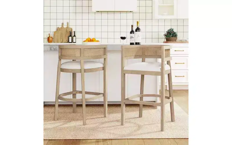 Christopher Knight Home Set of 2 Alaia Contemporary Rubberwood Upholstered with Curved Rattan Back Counter Height Barstools Natural