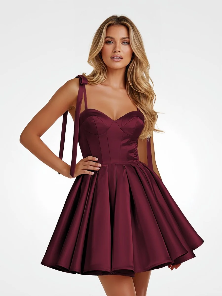 Burgundy – Spaghetti Straps Satin Pleated A-Line Homecoming Dress With Bow