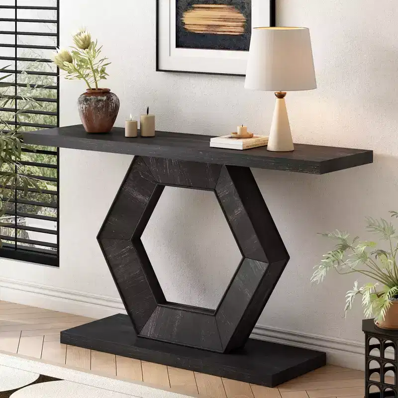 Modern Entryway Console Table with Hollow Hexagon Base, MDF & Fir Veneer Accent Table for Hallway, Entryway and Living Room - ModernLuxe