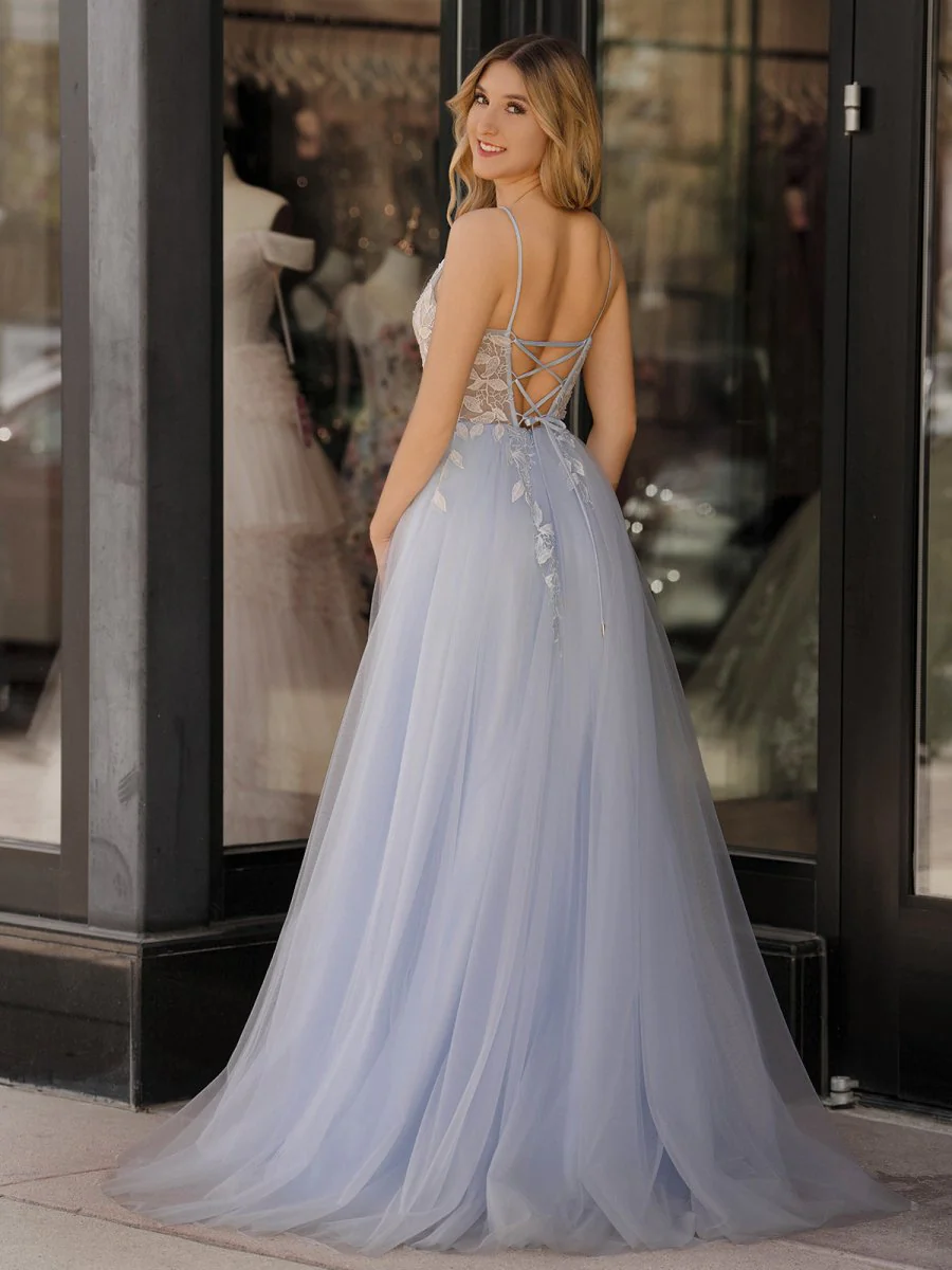 Light Blue V Neck Lace-Up Appliques Tulle Long Prom Dress