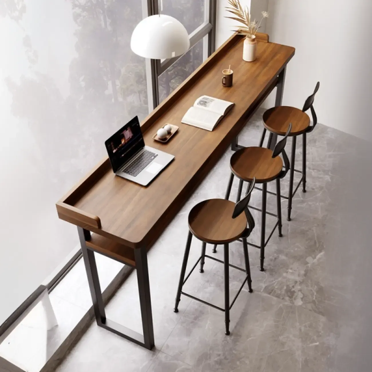 Sleek Brown Pine Shelf Storage Bar Tables