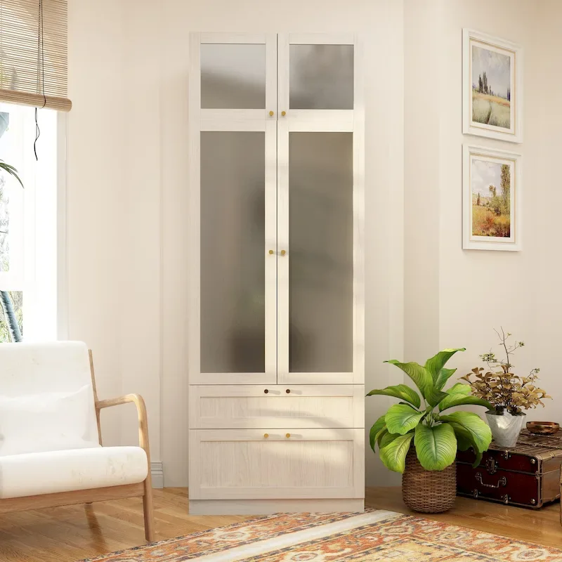 Large Frosted Glass Wardrobe with Soft-Close Hinges | MDF Construction | Light Gray Wood Grain | Gold Handles | Customizable Walk-In Closet