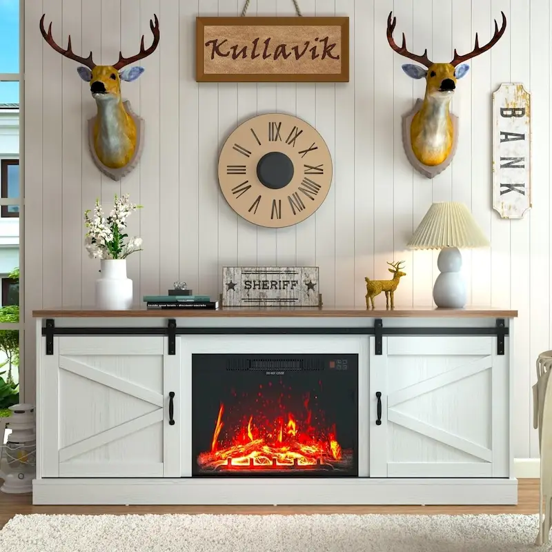 67  Farmhouse TV Stand with Large Cabinet with Sliding Barn Door & Fireplace