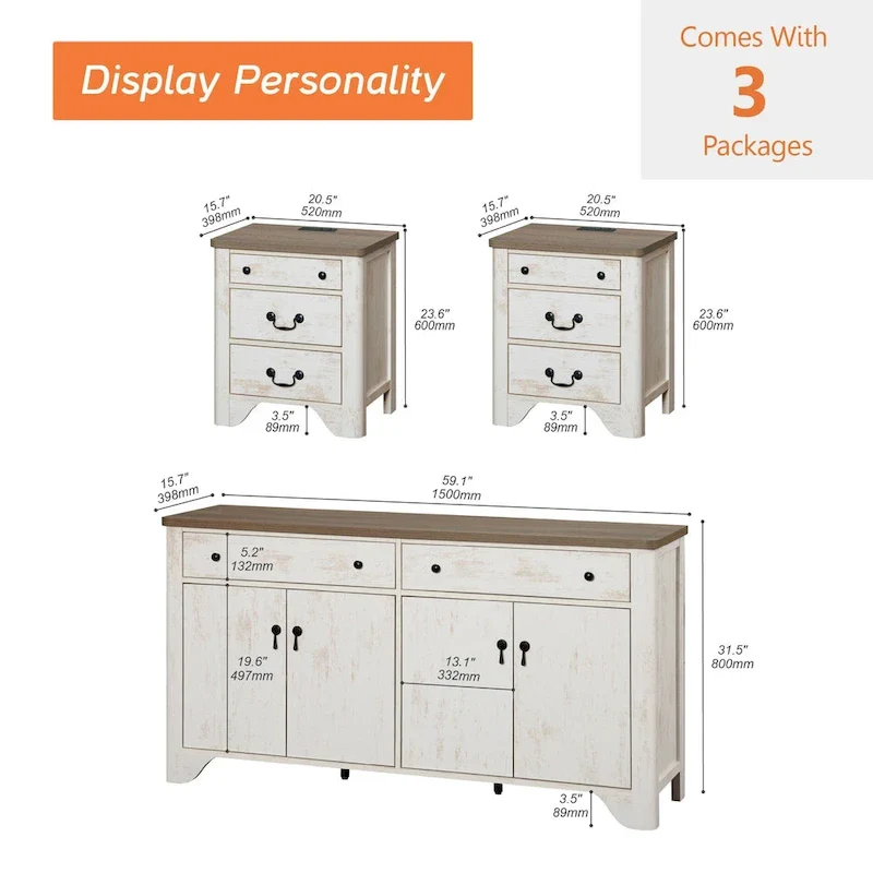 WAMPAT Farmhouse 3PCS Bedroom Set, 59  W Large Sideboard Buffet Cabinet,and Wood Nightstands Set of 2 with Charging Station