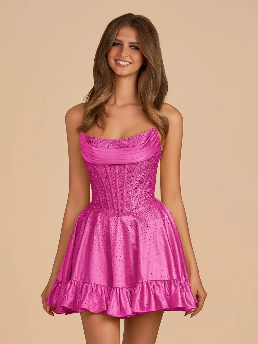 Fuchsia - A Line Scoop Neck Satin Corset Ruffled Homecoming Dresses With Beadings