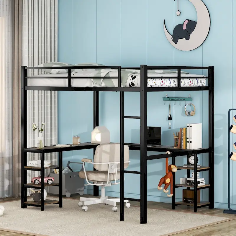 Black Full Size L-Shaped Metal Loft Bed with Desk, Shelves, Ladder & Guardrails, 1-Person