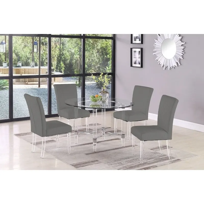 Grey Round Tempered Glass Dining Table Set, Chrome Acrylic Base, Seats 4, 5-Piece