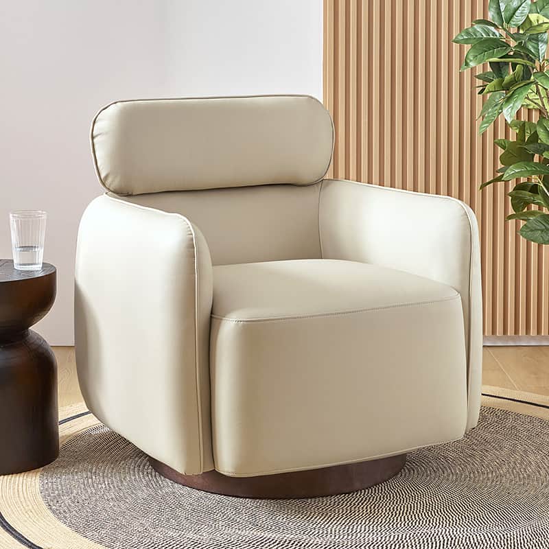 Genuine Leather Swivel Rocking Barrel Chair with Adjustable Headrest & Armrests | White / Camel | Single Seat