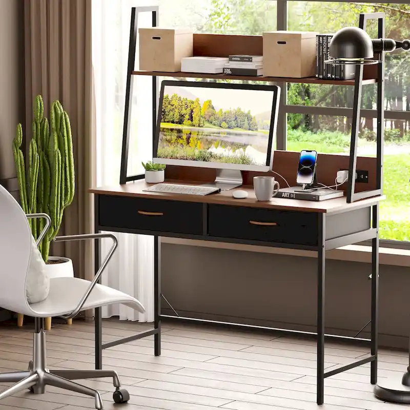 Brown / White Computer Desk with Power Outlet, Bookshelf & 2 Drawers – Single