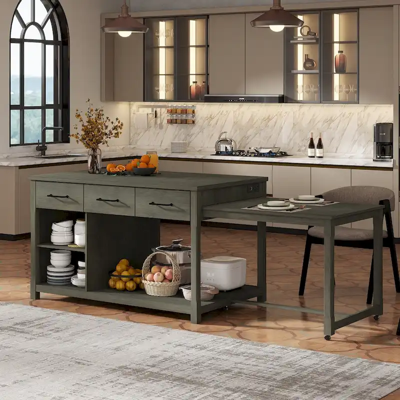 Mobile Kitchen Island, Extendable Table with USB Outlets and Storage
