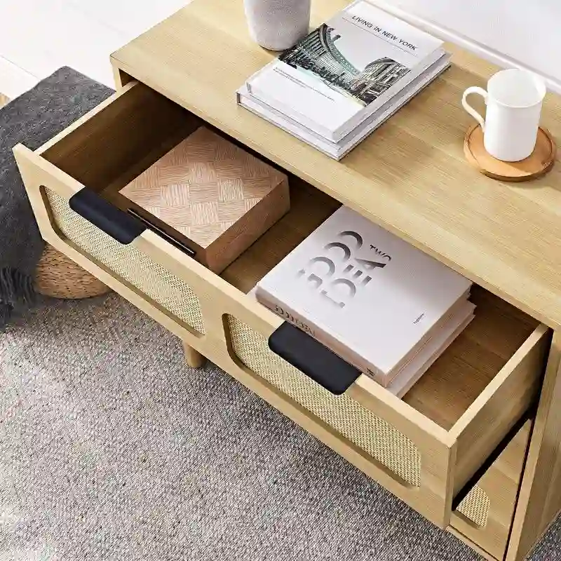 Grondin Mid-Century Modern Boho Style 3 Rattan Drawers Chest with MDF Frame and Solid Wood Legs, Chest of Drawers