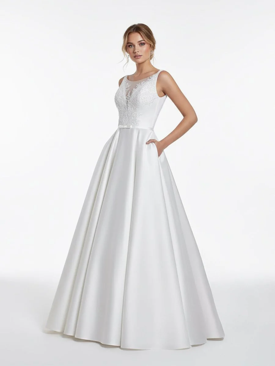 A-Line Illusion Neck Sleeveless Floor-Length Satin Wedding Dress With Pleats