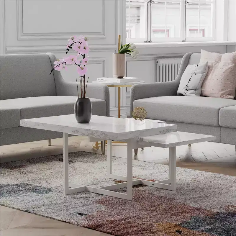 Brielle White Faux Marble Coffee Table, Two-Tier MDF Metal Frame Adjustable Feet for Small Space Living Room