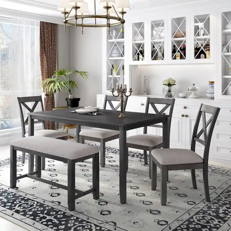 Espresso / Grey / Natural Cherry Rectangular Dining Table Set with 4 Chairs & Bench, 6-Person