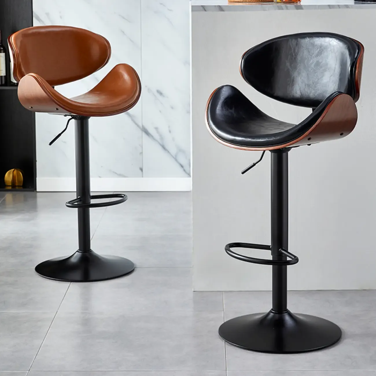 Bucket Adjustable Swivel Leather Bar Stools