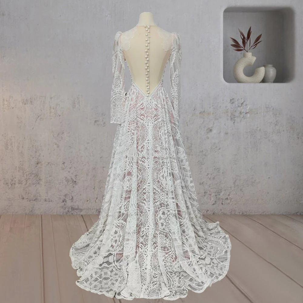 Ruched Bohemian Lace Round Neck Wedding Dress