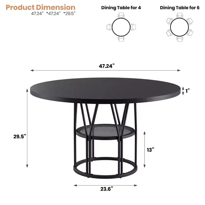 47'' Round Dining Table for 4-6, Wooden Kitchen Table with Storage Shelf & Metal Base, Modern Dinner Table, Breakfast Table for Living Room,No Chair