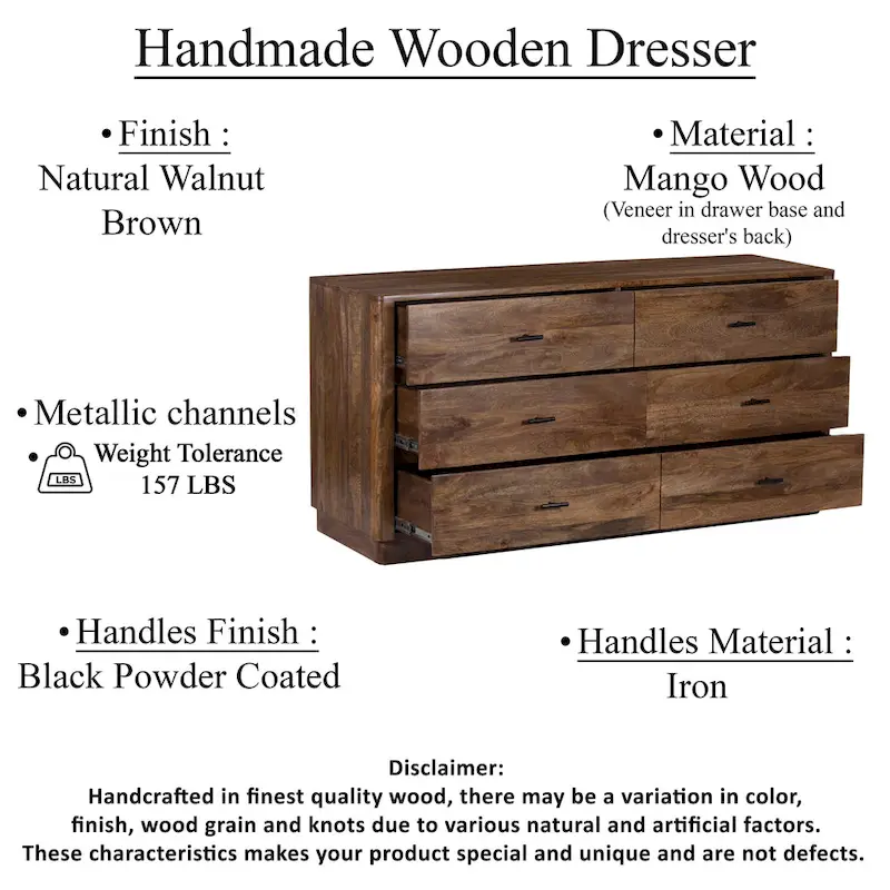 Tao 6 Drawers Dresser, Mango Wood, Walnut Finish, 60