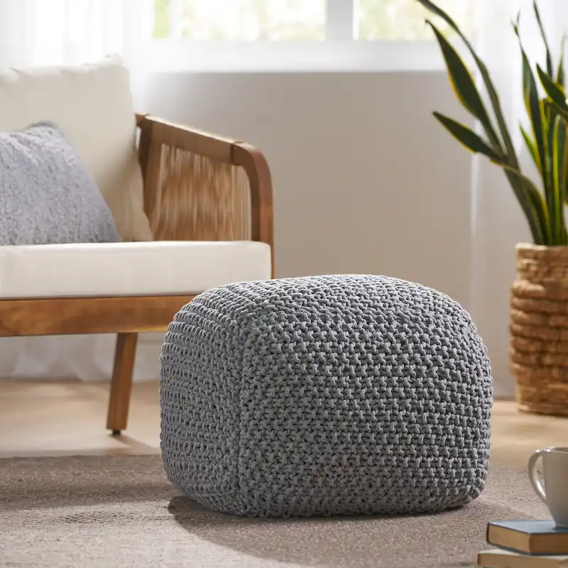Knitted Cotton Square Pouf Footrest Ottoman in Light Grey