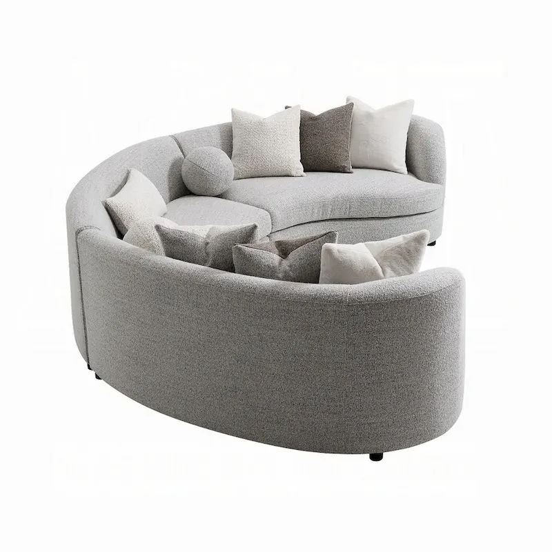 Kei 3pc Sectional Sofa, 9 Pillows, Curved Frame, Gray Boucle Fabric