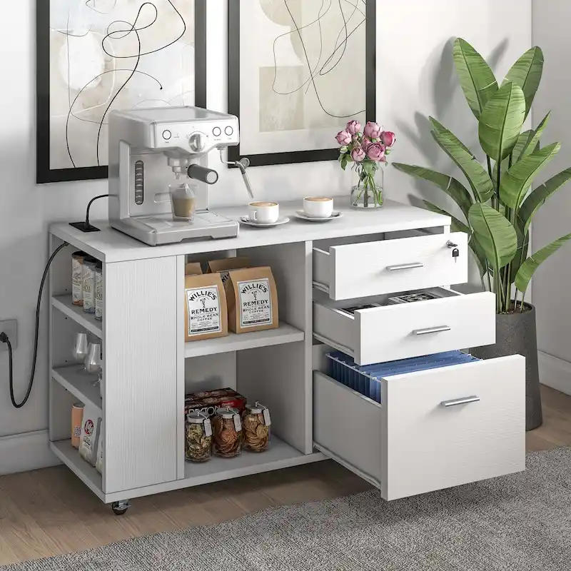 Brown Mobile Wood Lateral File Cabinet with Charging Station & Lock