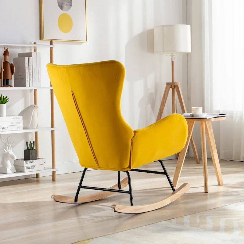 Yellow Modern 33.1 High Back Upholstered Rocking Chair with Rubber Wood Legs and Metal Frame