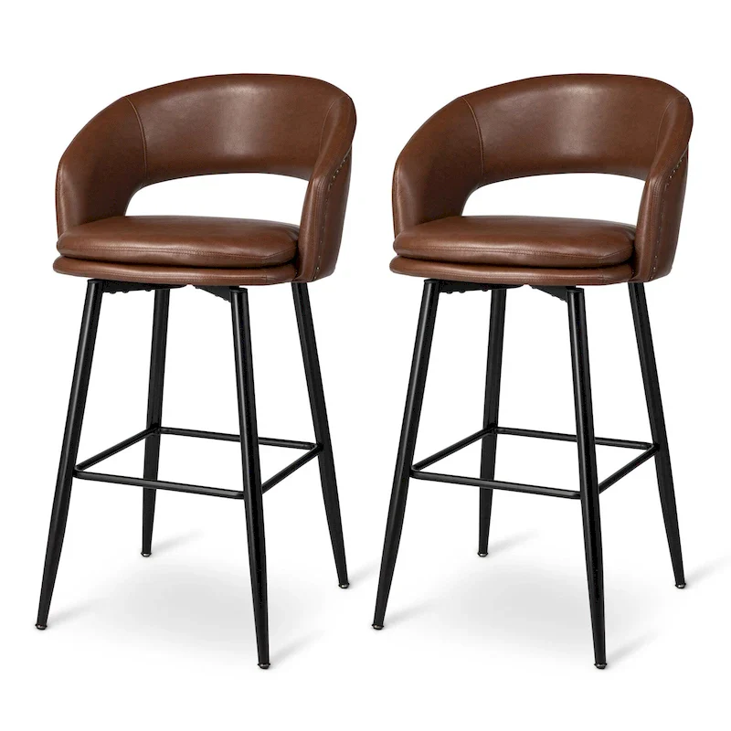 Mid-Century Modern Faux Leather Bar Stool with Nailhead Trim & Metal Legs – Black / Brown