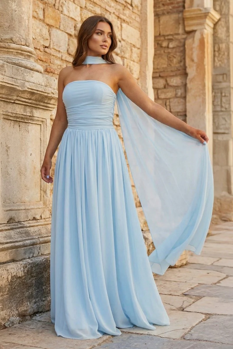 Sky Blue Strapless Chiffon Pleated A Line Long Prom Dresses With Scarf