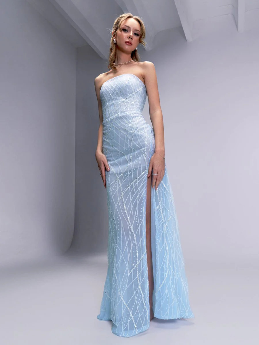 A-line Strapless Blue Long Prom Dresses Unique Evening Dress